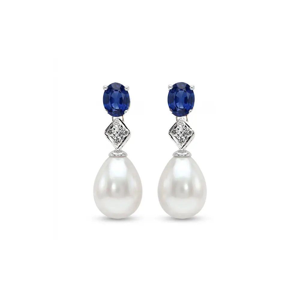 Pearl, Sapphire & Diamond Earrings in 18K 