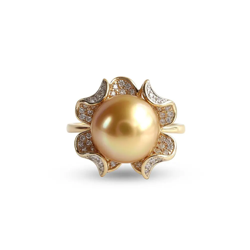 Golden South Sea Pearl & Diamond Ring in 18K