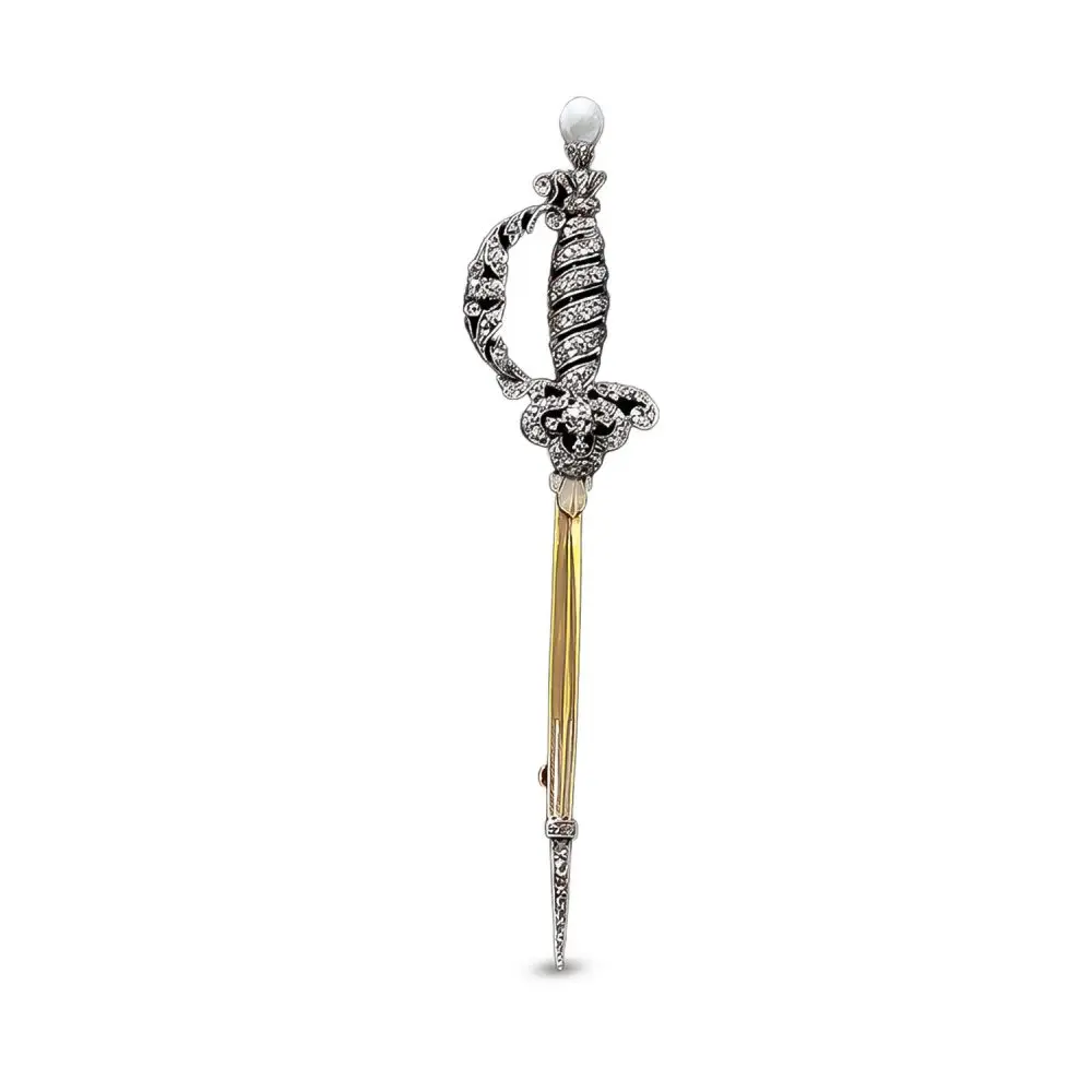 Old European Cut Diamond & Pearl Vintage Rapier Brooch