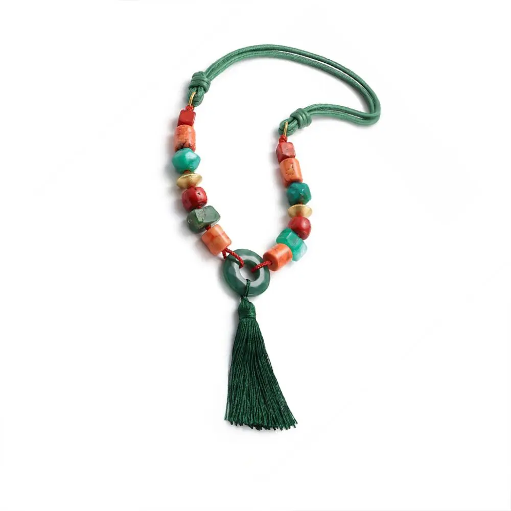 Italian Agate, Coral & Cord Tassel Necklace