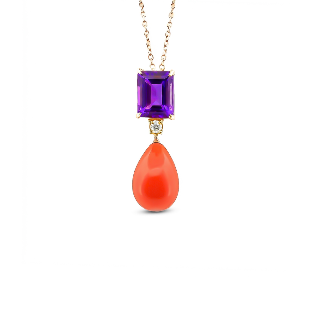 Italian Coral & Amethyst Pendant in 18K