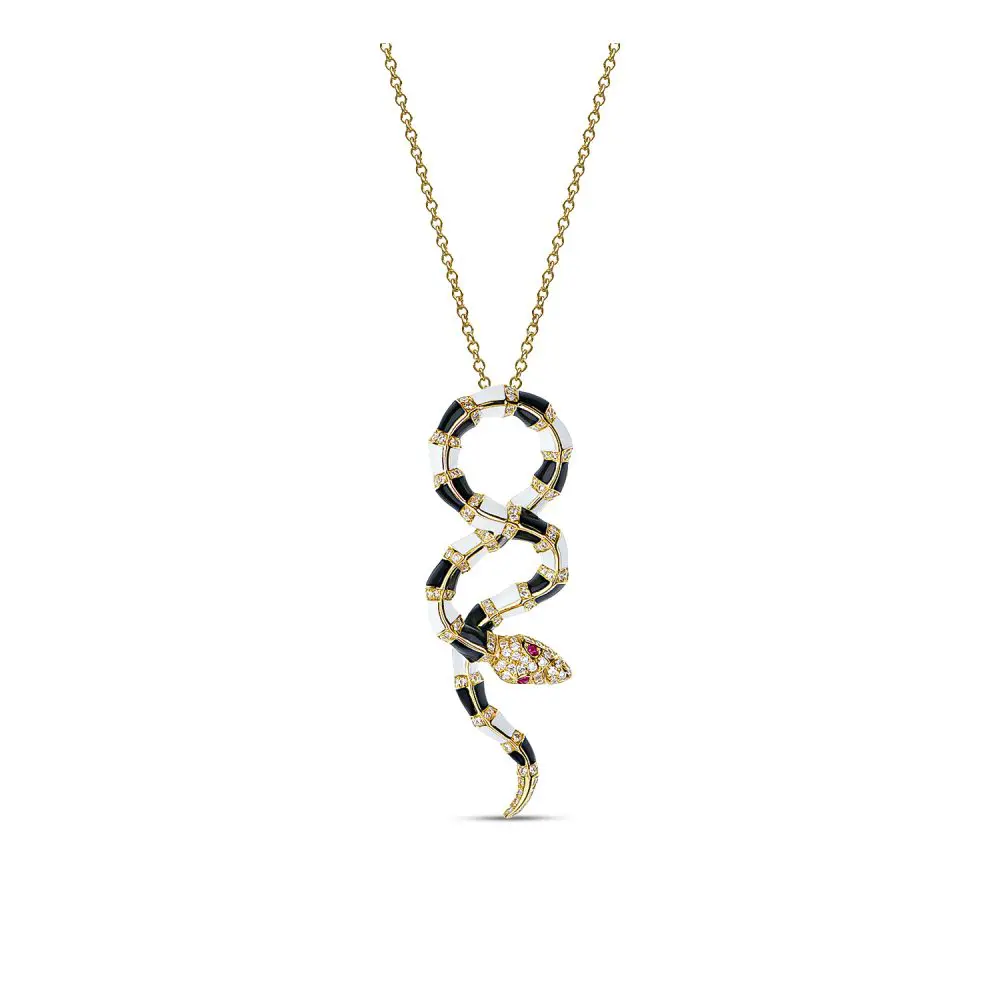 Diamond, Ruby & Enamel Serpent Pendant in 18K