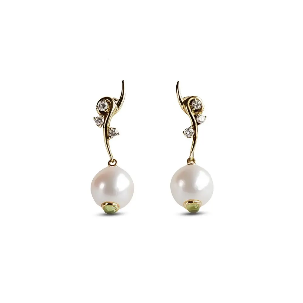 Pearl, Peridot & Diamond Earrings in 18K