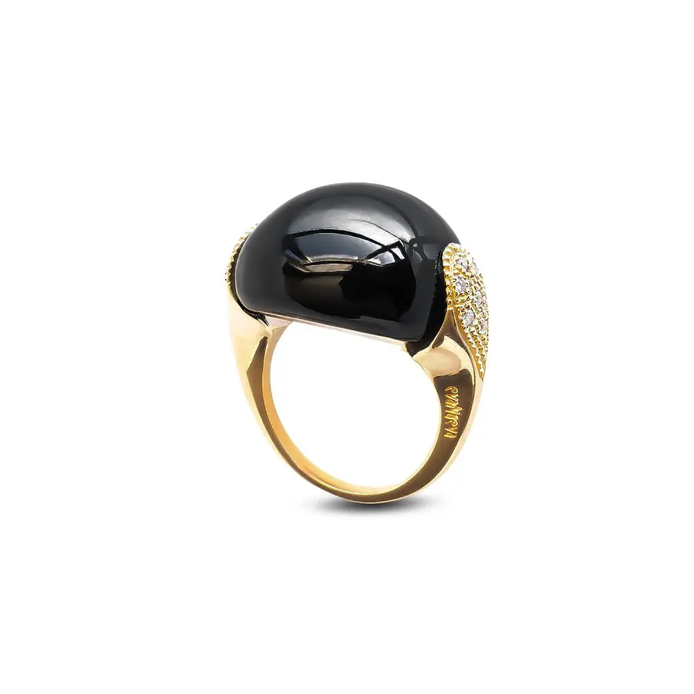 Italian Black Agate & Diamond Ring in 18K Gold