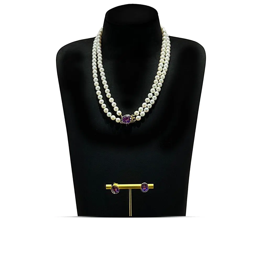 Akoya Pearl Necklace Set with Amethyst Earrings
