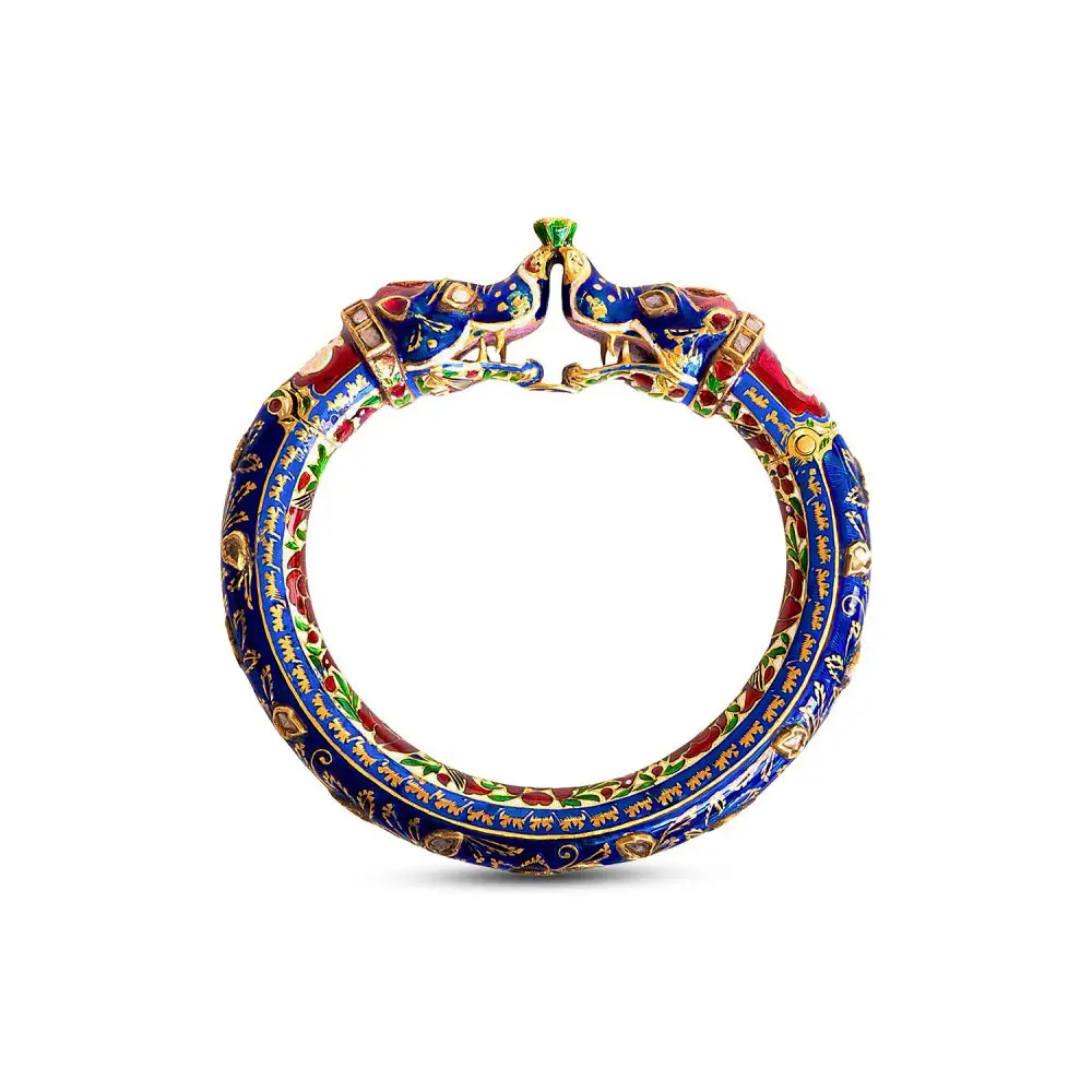 Enamel Elephant Head Kada Bangle in 18K Gold