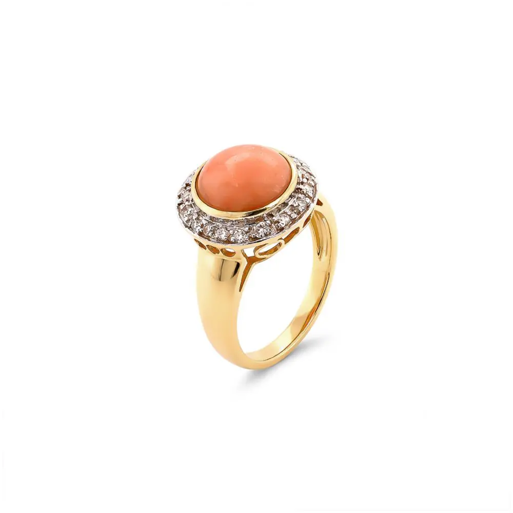 Angel-Skin Coral & Diamond Ring in 18K Gold