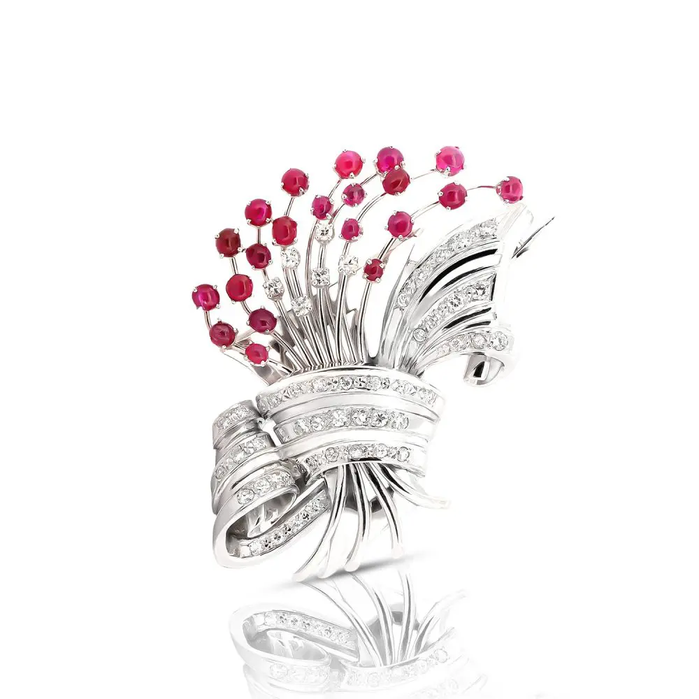 Ruby & Diamond Vintage Retro Floral Brooch