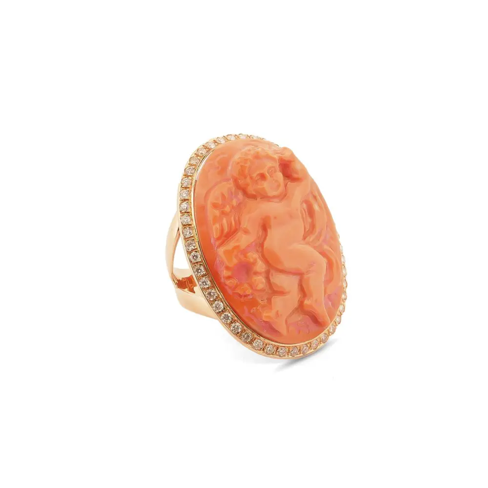 Italian Hand-Carved Coral & Diamond Ring in 18K