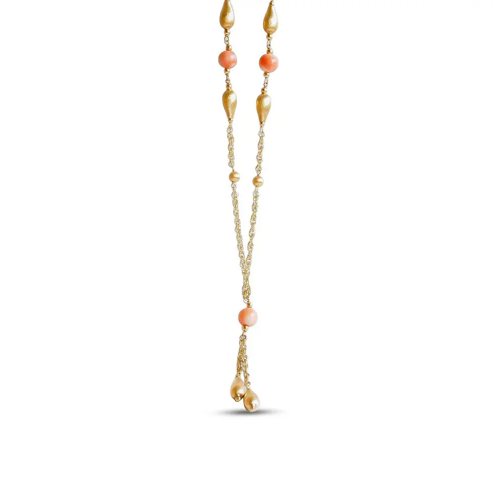 Coral & Gold Lariat Necklace in 14K Gold
