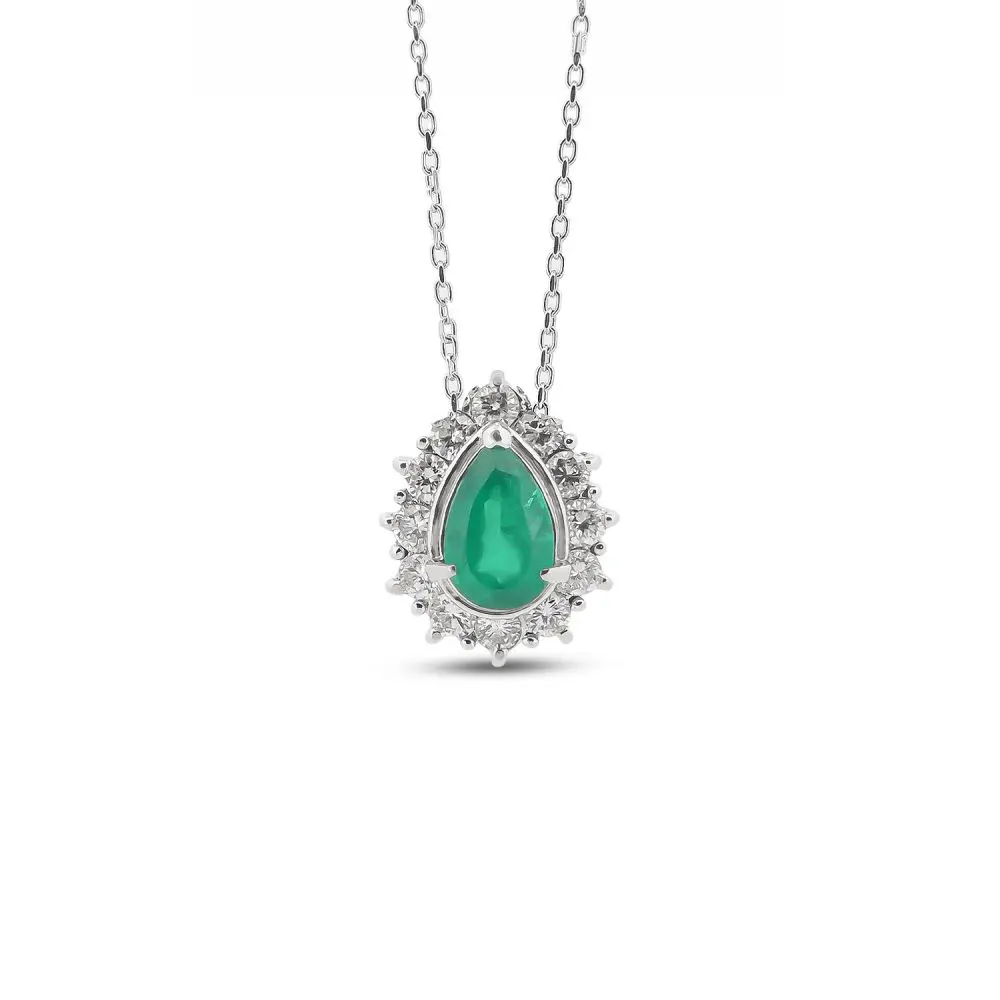 Emerald & Diamond Halo Pendant in Platinum
