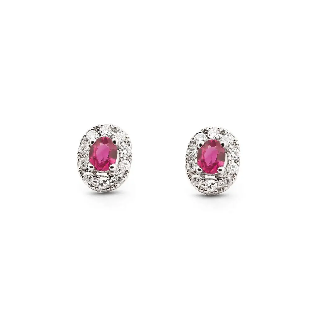 Ruby & Diamond Halo Stud Earrings in 18K Gold