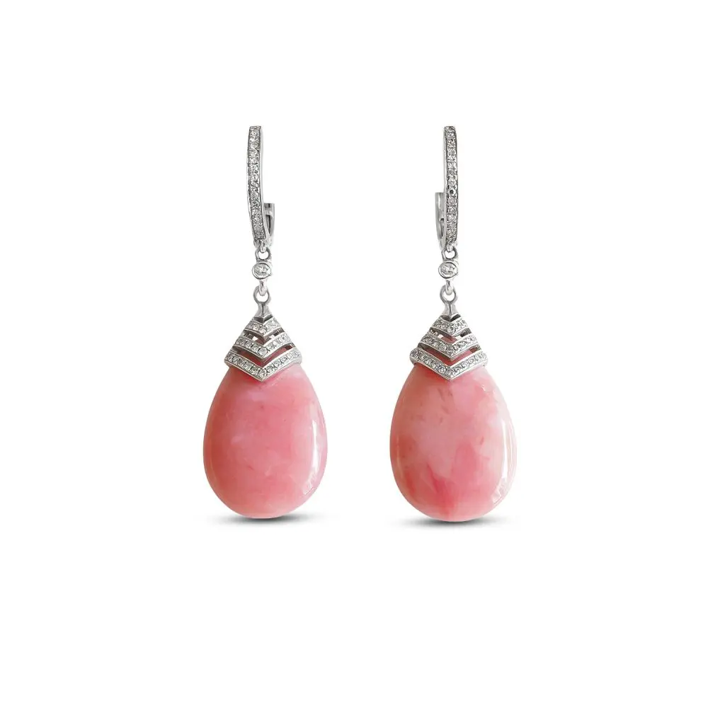 Pink Opal & Diamond Earrings in 14K Gold
