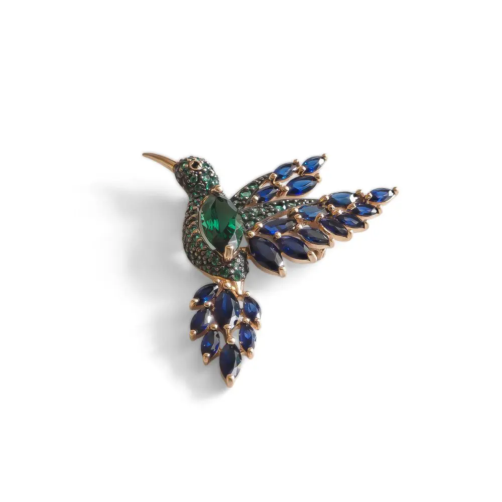 Green & Blue Gemstone Motif Brooch in 14K Gold