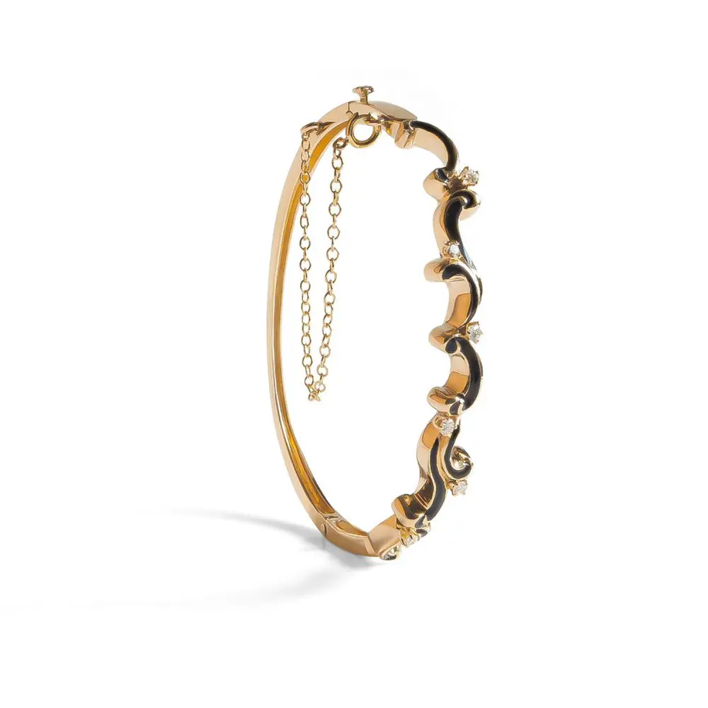 Diamond & Black Enamel Vintage Bangle in 14K Gold