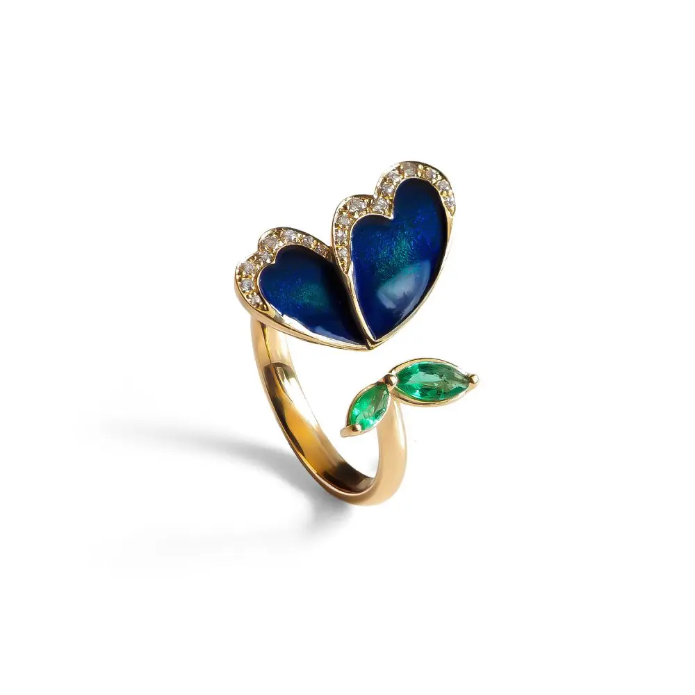 Diamond, Emerald & Enamel Ring in 18K Gold