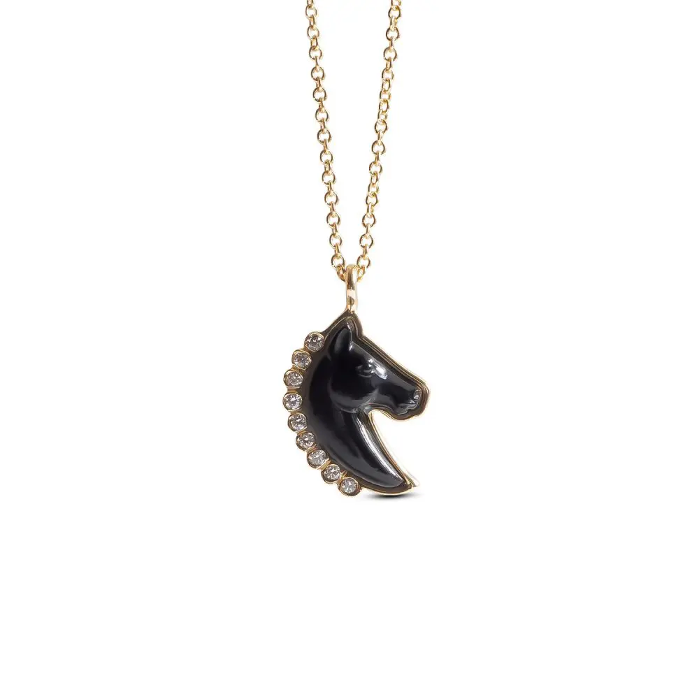 Horse Head Diamond & Enamel Pendant in 18K