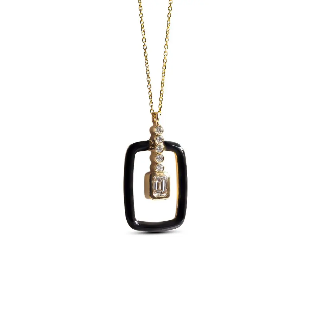 Diamond & Black Enamel Pendant in 18K Gold