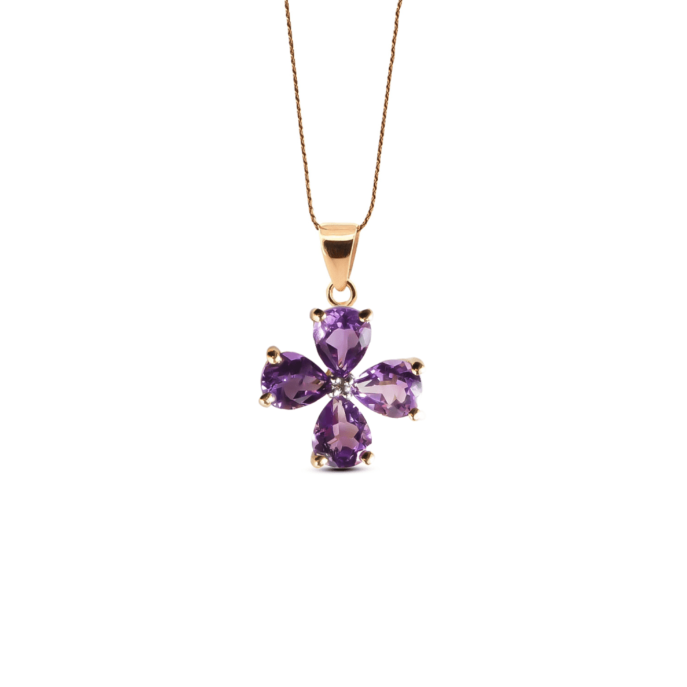 Amethyst & Diamond Flower Pendant in 9K Gold