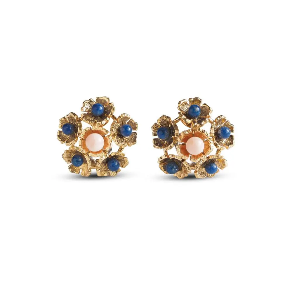 Vintage German Lapis & Coral Earrings in 18K