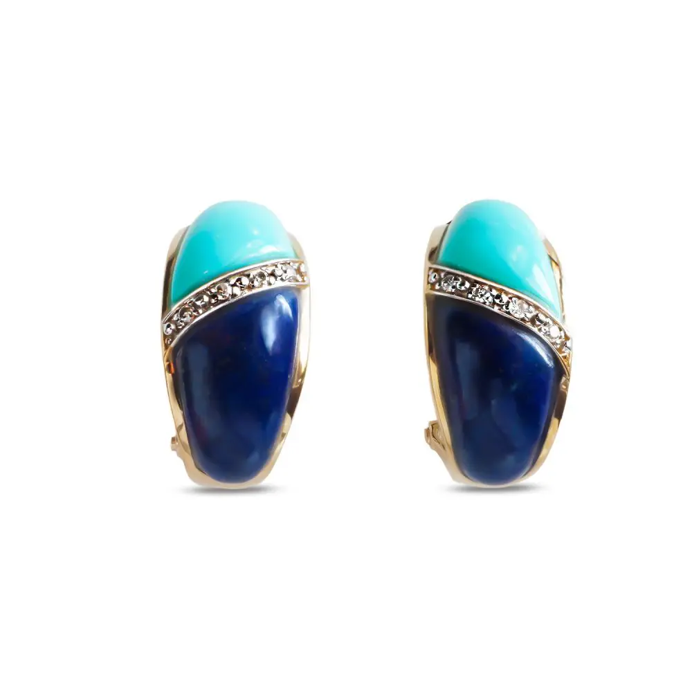 Turquoise, Lapis & Diamond Earrings in 9K Gold