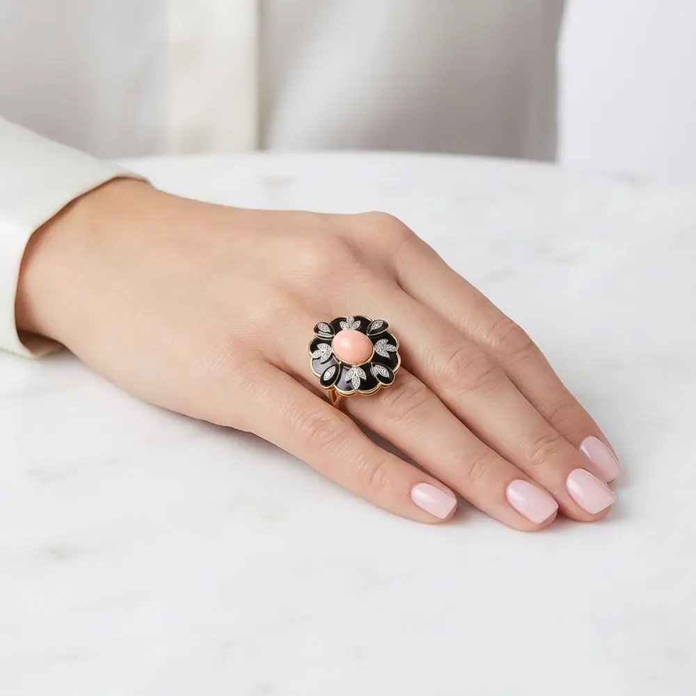 Coral, Black Onyx & Diamond Ring in 18K Gold