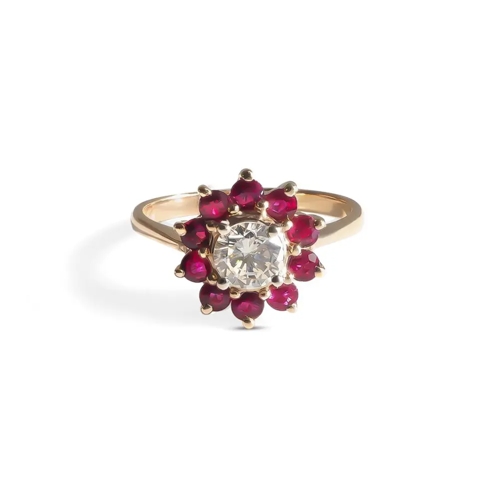Diamond & Ruby Floral Halo Ring in 14K Gold