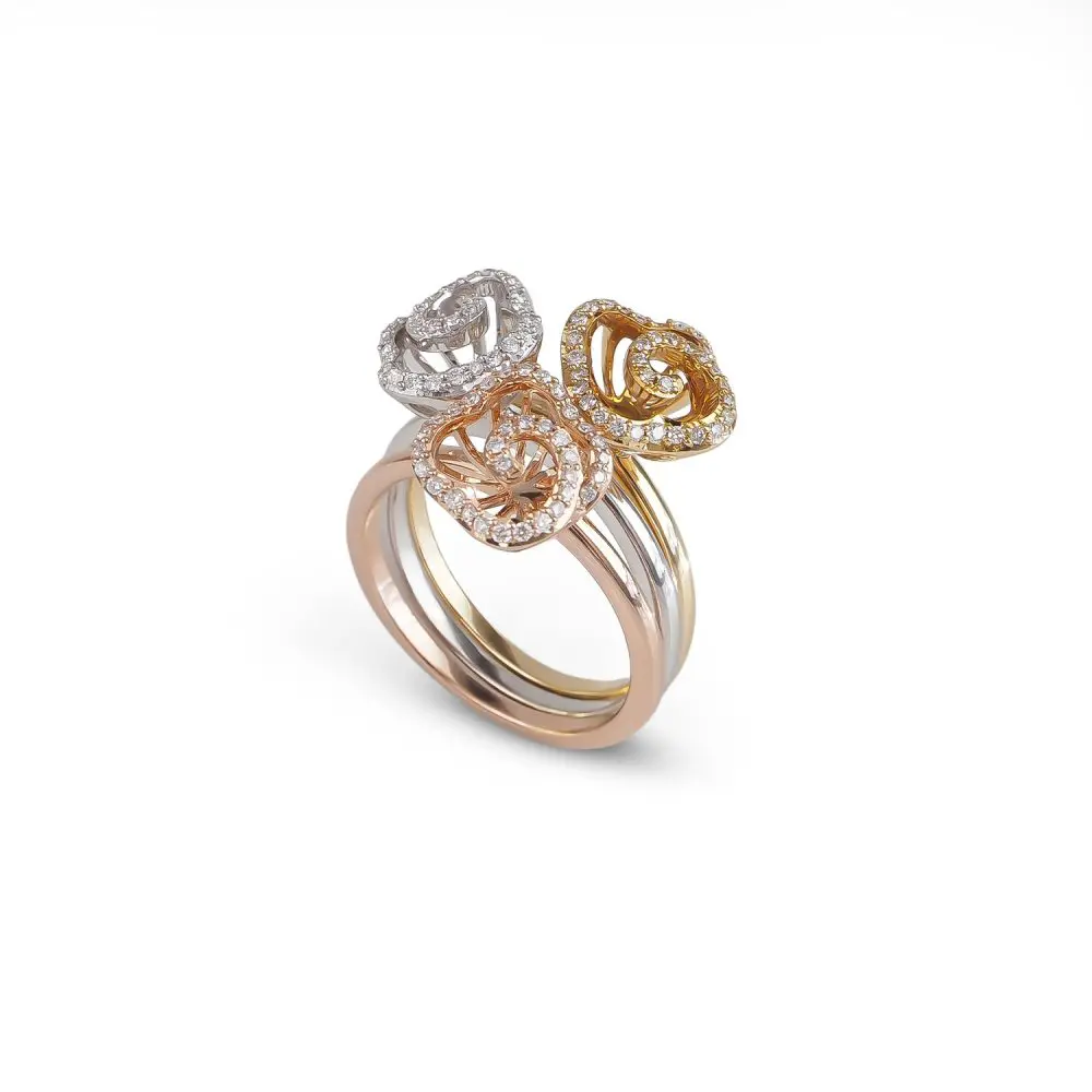 Diamond Tri-Color Floral Stacking Ring Set in 18K