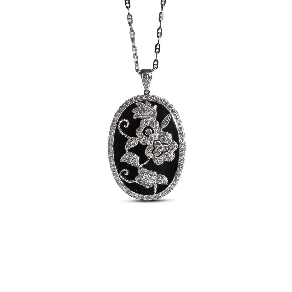 Diamond & Onyx Oval Pendant in 18K Gold