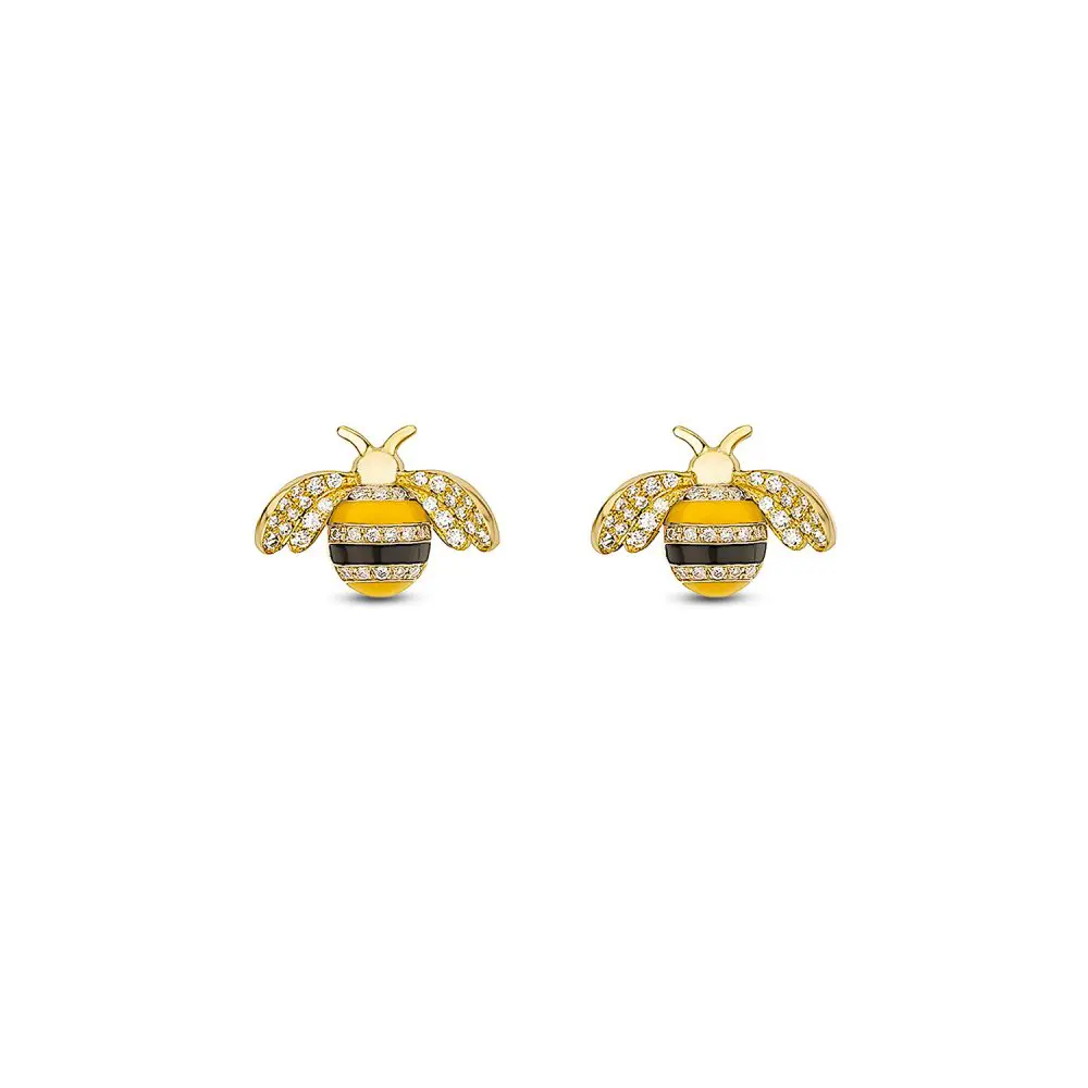 Diamond & Enamel Bee Earrings in 18K Gold