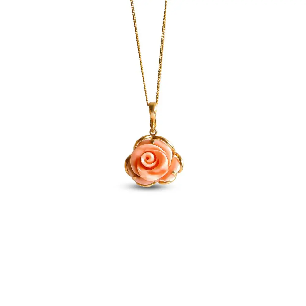 Hand-Carved Coral Rose Pendant in 14K Gold